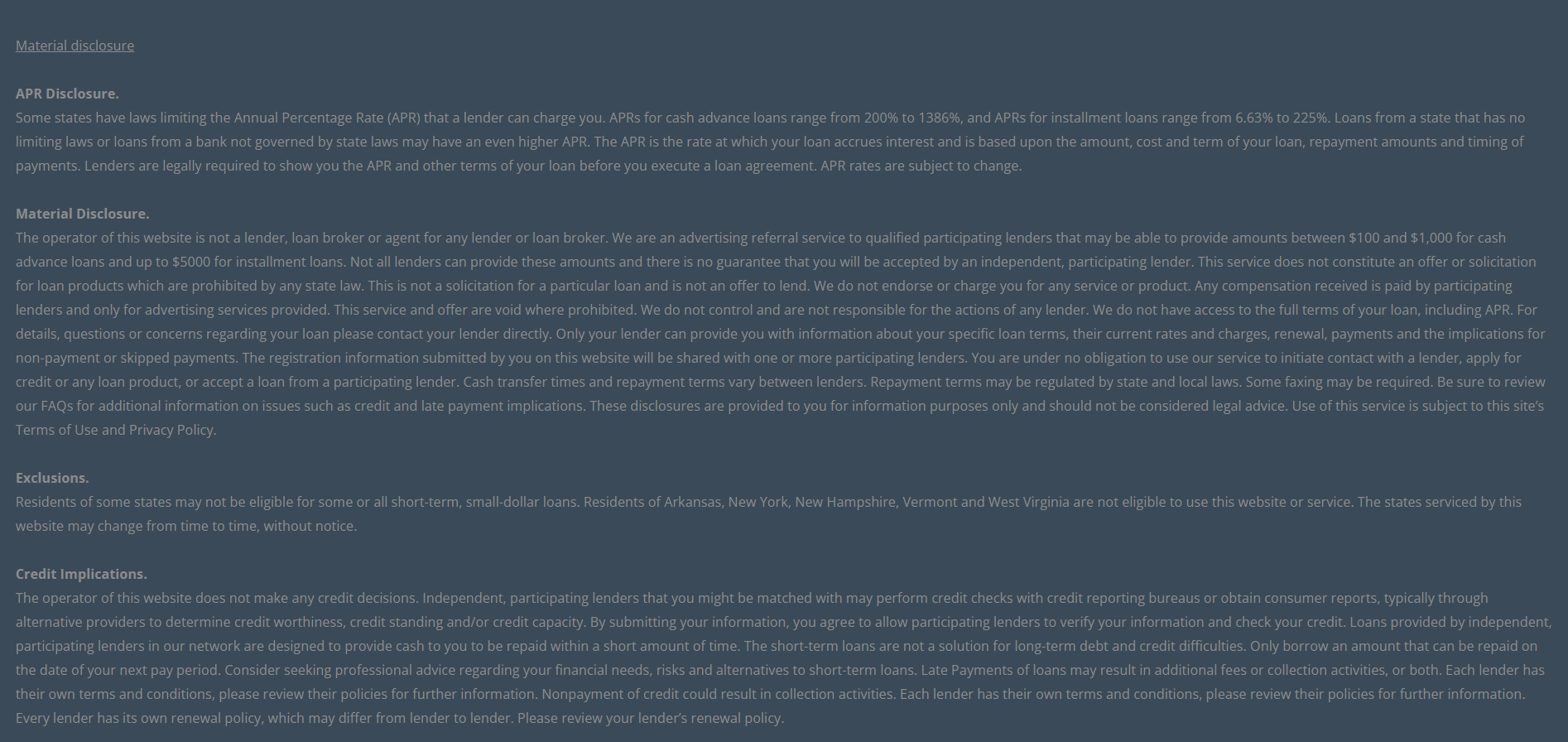 Material disclosure for payday loans in Sioux Falls South Dakota